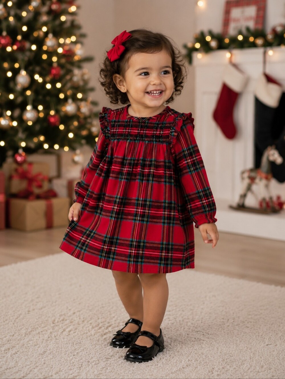 Old Navy Girls Red Tartan Plaid Smocked Christmas Holiday Dress Size 2T